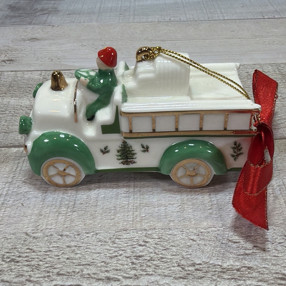 Spode Christmas Tree Holiday Fire Engine Truck Porcelain Ornament